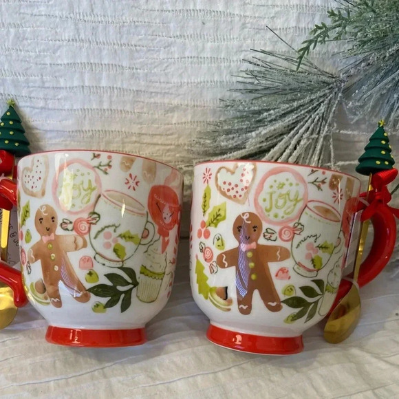 Potter’s Studio Festive Candy Cane and Holly Mug Set with Gold Spoons Holiday - Picture 2 of 6